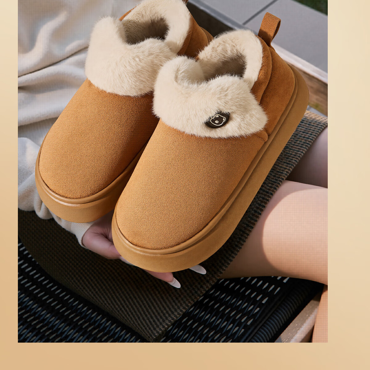 Runrou Women's Fully Covered Cotton Slippers Autumn Winter 2025 New Plush Warm Furry Cotton Shoes Snow Boots Winter 10