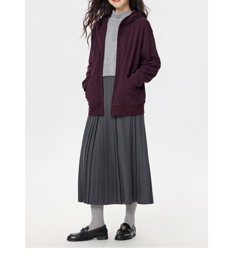 Giordano Women's Autumn Winter New Loose Mid-Length Cleanfit Hooded Zip-Up Sweatshirt 13375185 16