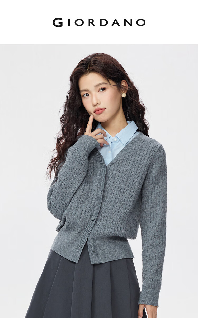 Giordano Miu Women's Autumn Winter New Cable Knit V-Neck Cardigan Sweater 05355703 3
