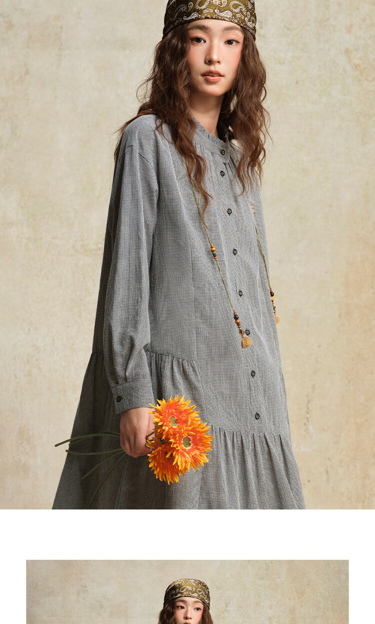 Giordano Designer Loose Fit Shirt Dress for Women with Fine Checkered Pattern, Lace Trim, Stand Collar, and Half-Placket Dress 18465227 10