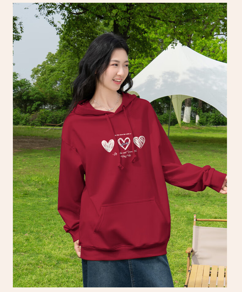 Baleno Women's Autumn Winter Fleece-Lined Navy Blue Hooded Sweatshirt 2025 New Heart Pattern Loose Casual Thick Warm Inner Layer Jacket 13