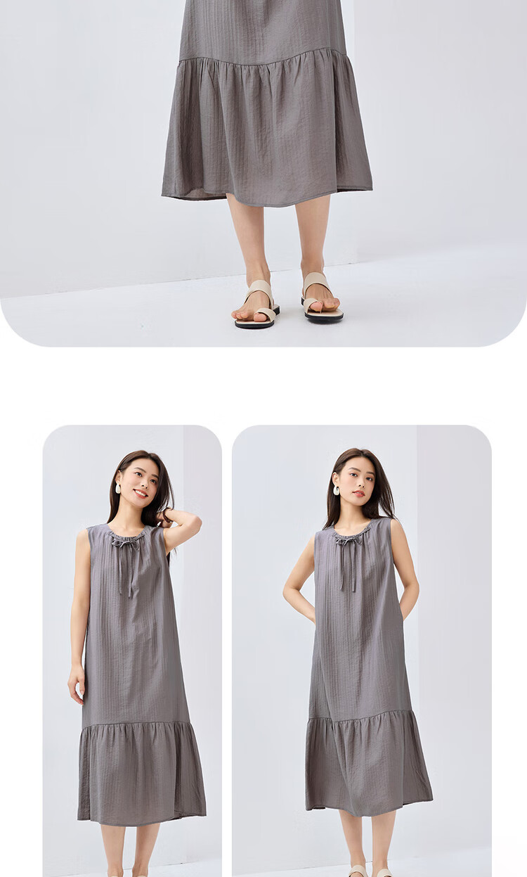 Giordano Women's New Holiday Style Tie-Waist Round Neck Ruffle Hem Vest Dress 05465083 13