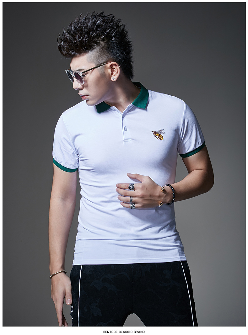 hteec香港潮牌小蜜蜂刺绣丝光棉短袖polo衫男 2020夏季潮流短袖t恤男