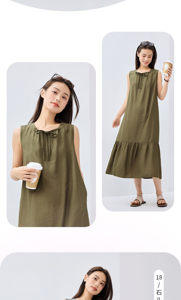 Giordano Women's New Holiday Style Tie-Waist Round Neck Ruffle Hem Vest Dress 05465083 16