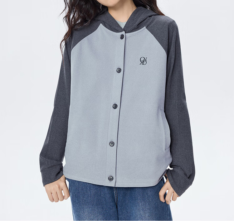 Giordano Women's Anti-Static Embroidered Color-Block Loose Fit Hooded Raglan Zip-Up Sweatshirt 05375880 12