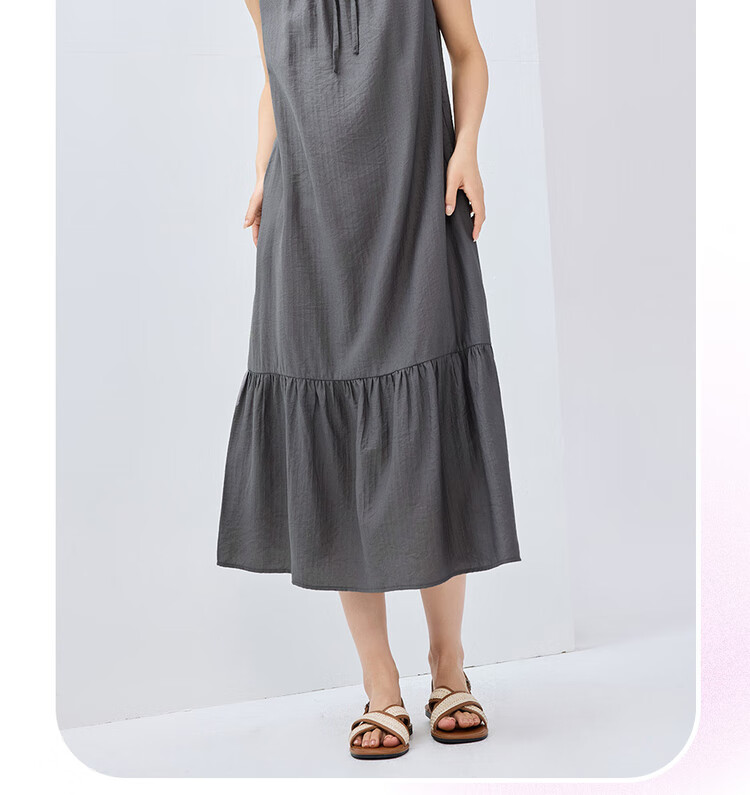 Giordano Women's New Holiday Style Tie-Waist Round Neck Ruffle Hem Vest Dress 05465083 18