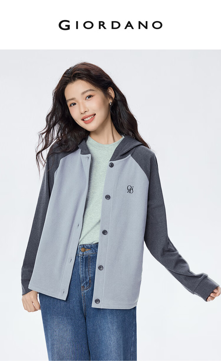 Giordano Women's Anti-Static Embroidered Color-Block Loose Fit Hooded Raglan Zip-Up Sweatshirt 05375880 3