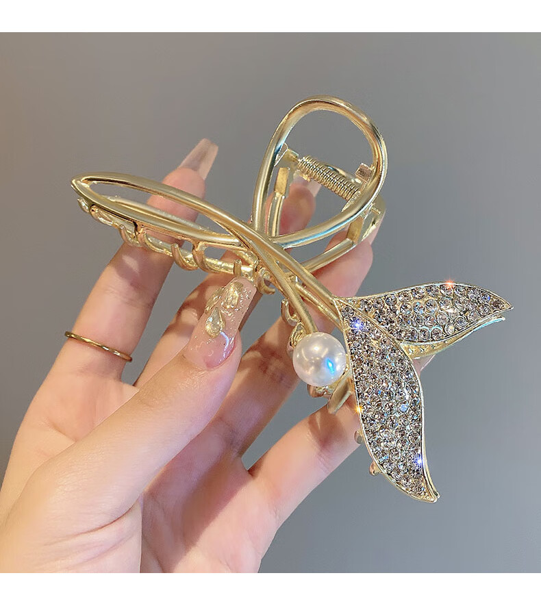 珍珠鲨鱼夹子发卡盘发束发外出礼物送女友老婆 鱼尾抓夹-珠子款【图片