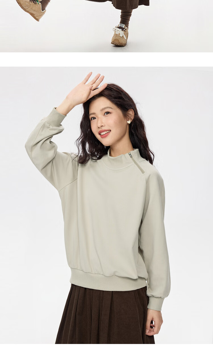Giordano Women's Autumn Winter New Double-Sided Pullover Sweatshirt Stand Collar Raglan Sleeve Asymmetric Zipper Top 13325756 13