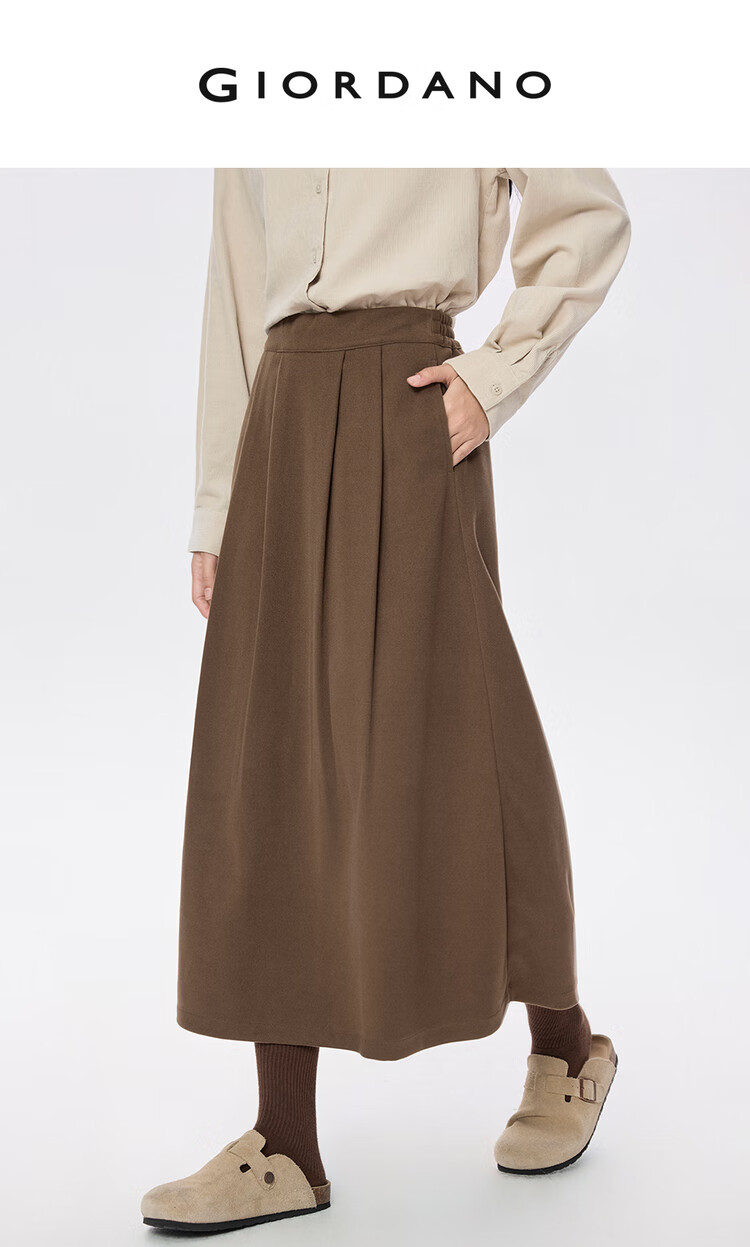 Giordano Women's Faux Wool Pleated A-Line Skirt Autumn Winter New Semi-Elastic Waist Plaid Skirt 05465856 3