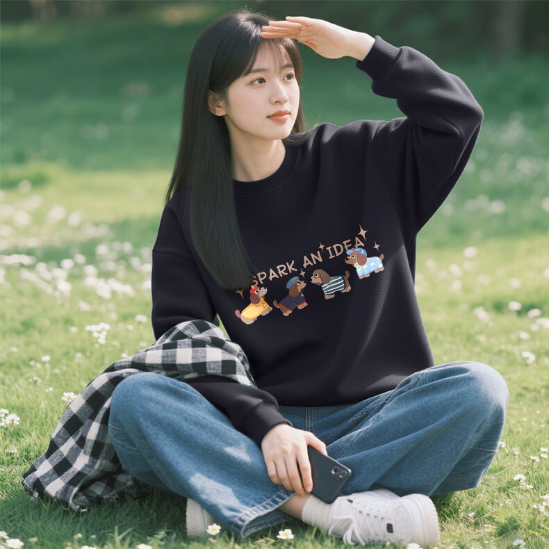 Jeanswest Women's Crew Neck Fleece-Lined Thickened Long Sleeve Sweatshirt 2025 Autumn Winter Casual Literary College Style Jacket 9