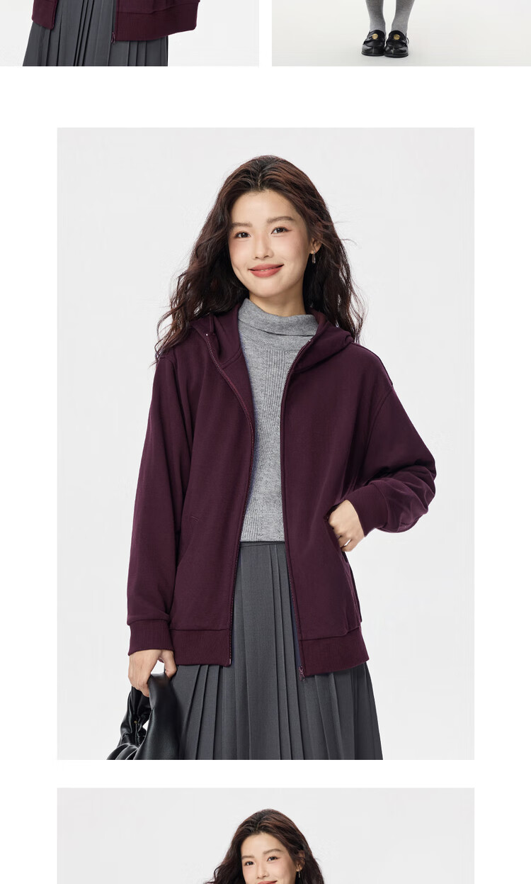 Giordano Women's Autumn Winter New Loose Mid-Length Cleanfit Hooded Zip-Up Sweatshirt 13375185 15