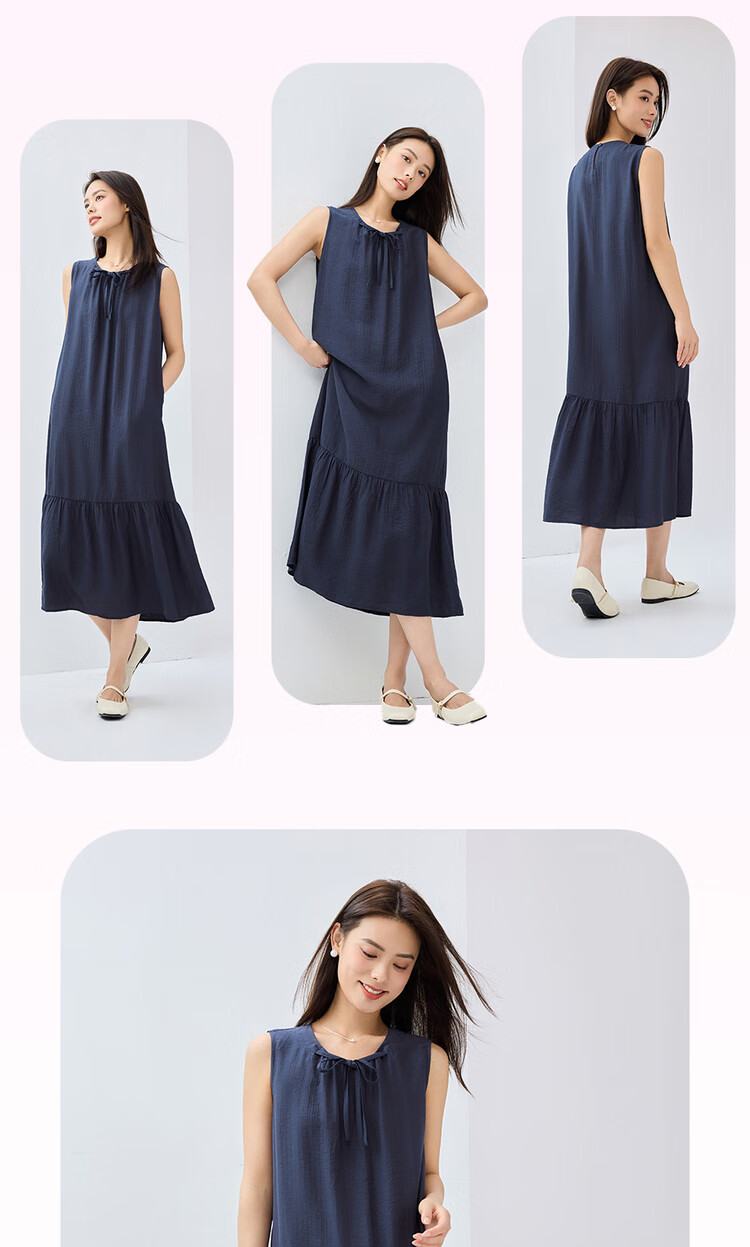 Giordano Women's New Holiday Style Tie-Waist Round Neck Ruffle Hem Vest Dress 05465083 11