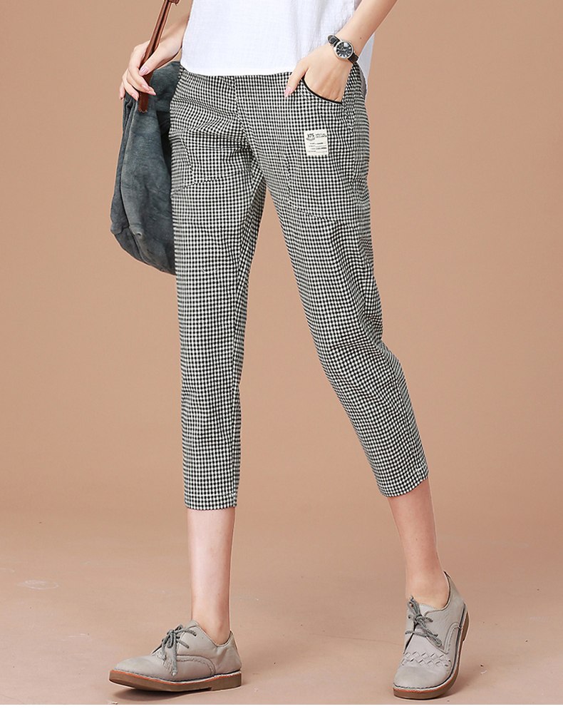 夏天七分裤女宽松显瘦高腰韩版新款休闲裤女士大码哈伦格子裤子 黑白