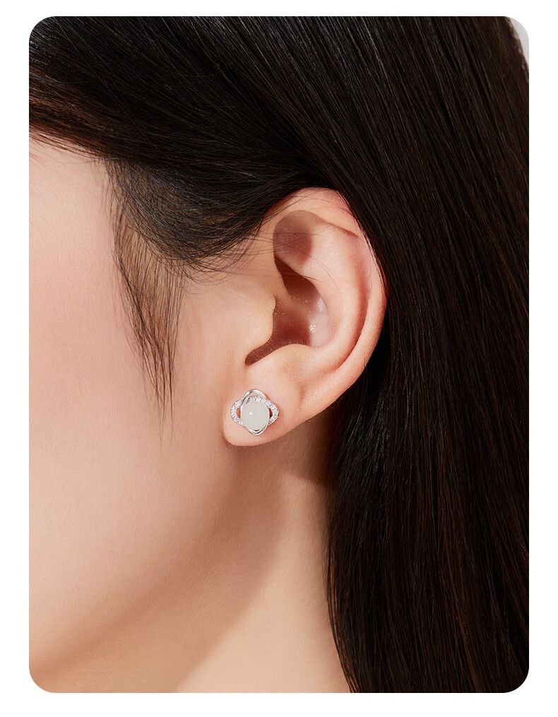 Lao Feng Xiang Hetian Jade Sterling Silver Clover Earrings for Women Lucky Four-Leaf Clover Jewelry Birthday Anniversary Gift for Girlfriend Wife 7