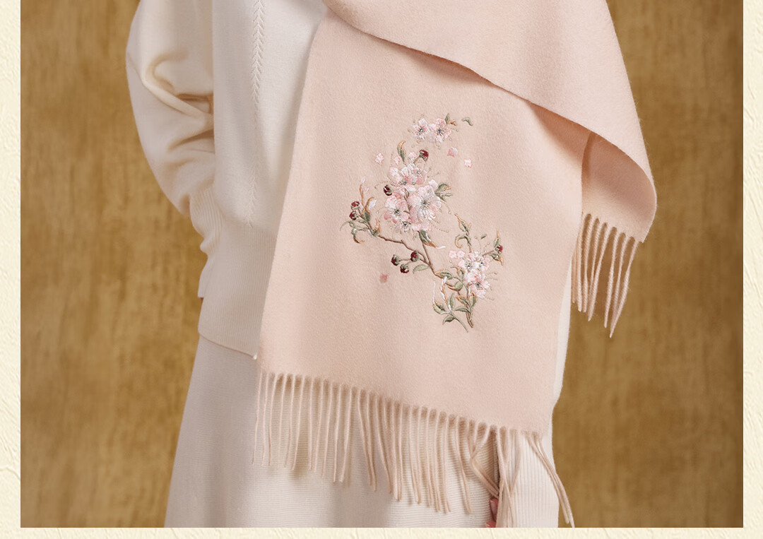 Shanghai Story 100% Wool Scarf Cherry Blossom Embroidery Women's Red Scarf Gift Box for Elders Mom Birthday Mother's Day Gift 20