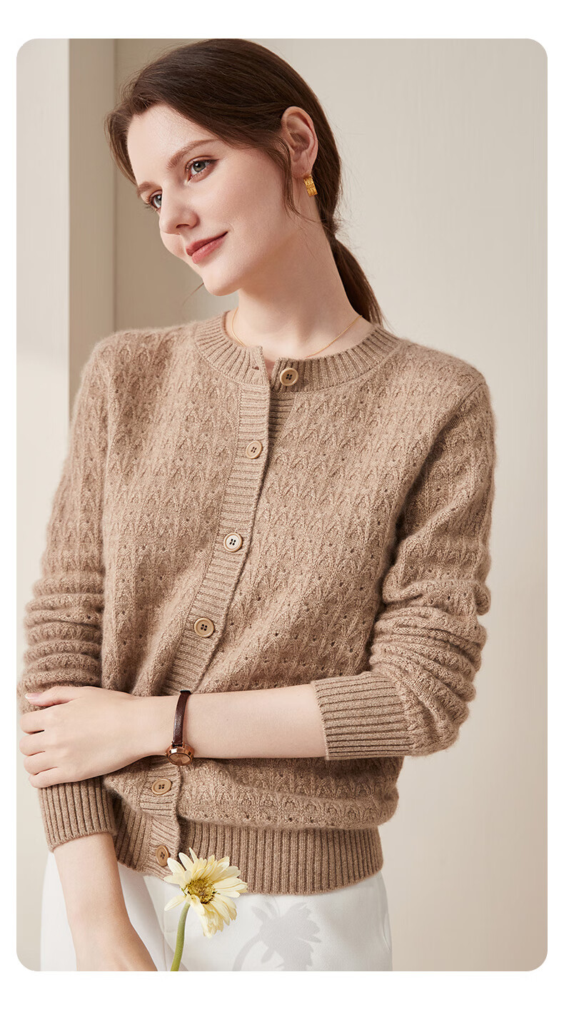 兆君2022秋冬时尚绞花圆领羊绒衫女 7针加厚开衫毛衣保暖针织外套