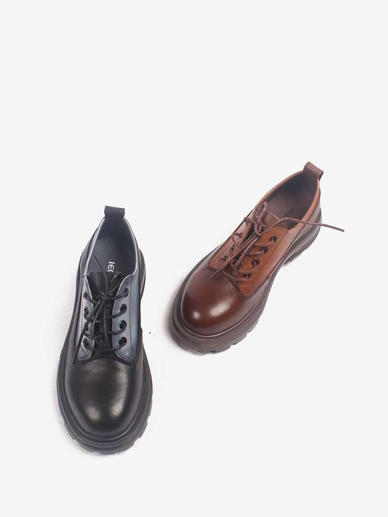 佰诗奴女鞋2021年春季新款牛皮小皮鞋英伦风中跟方跟圆头百搭单鞋