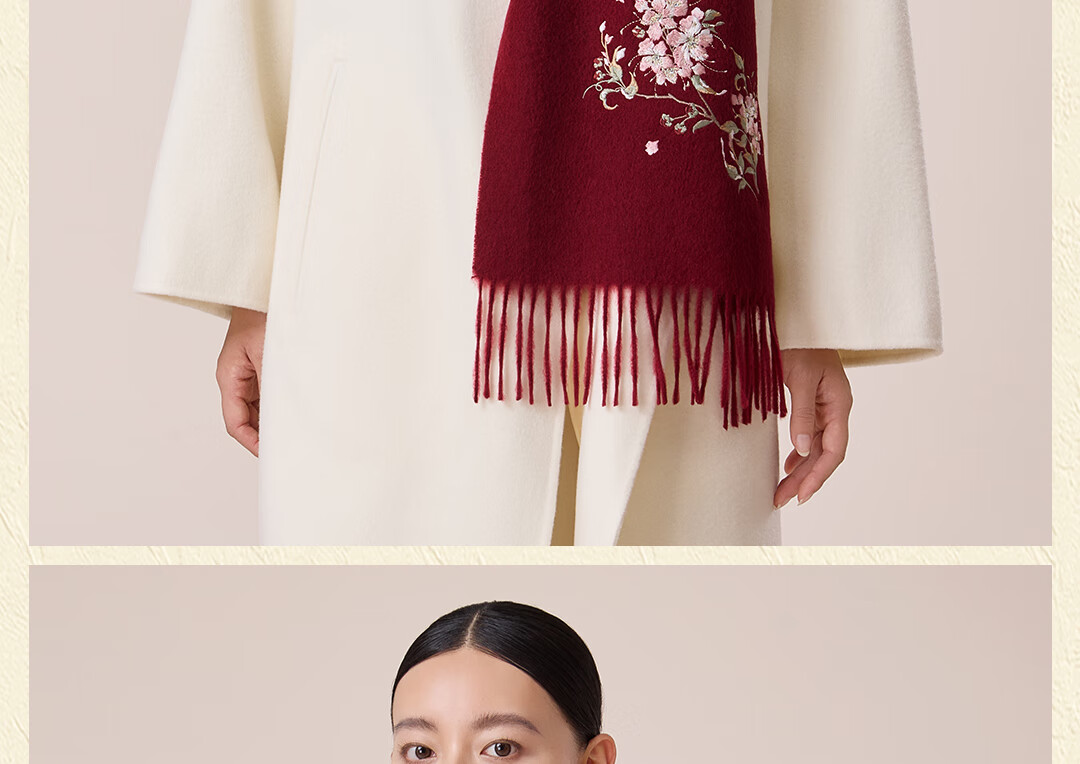 Shanghai Story 100% Wool Scarf Cherry Blossom Embroidery Women's Red Scarf Gift Box for Elders Mom Birthday Mother's Day Gift 14