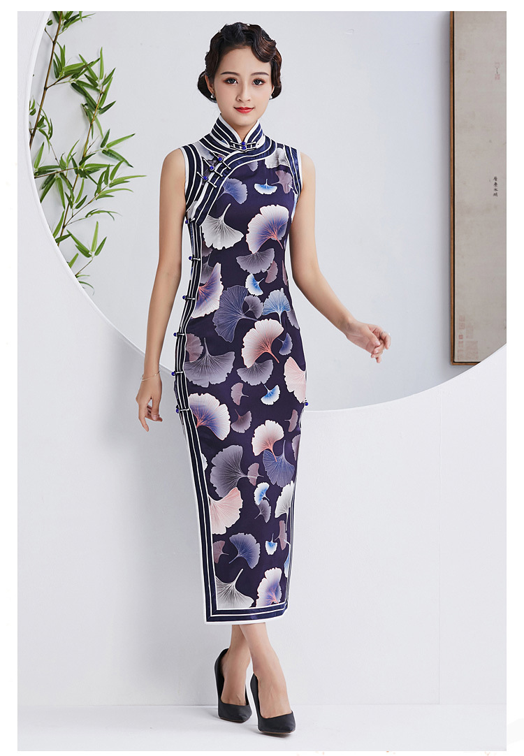 无袖旗袍长款改良夏季新款修身显瘦真丝桑蚕丝旗袍礼服宴会 图片色 m