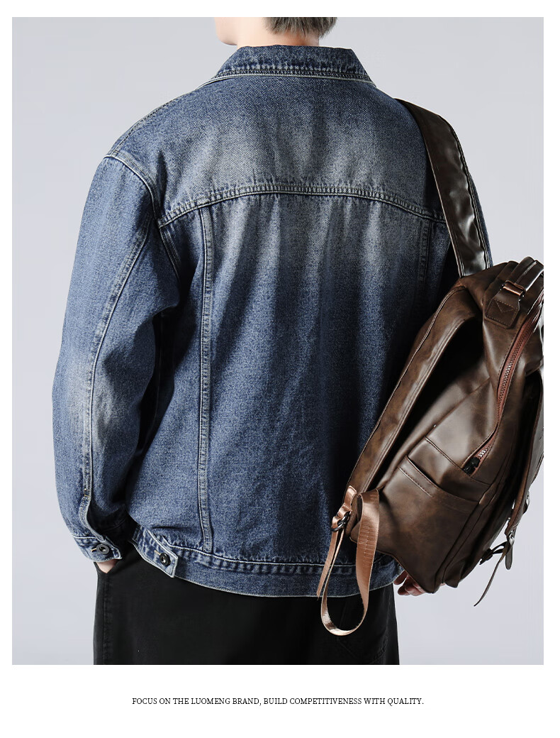 ROMON [Workwear Retro] Men's Jacket, Summer Turn-Down Collar, Loose-Fitting Trendy American Casual Denim Coat, Black And Gray, Size L 14
