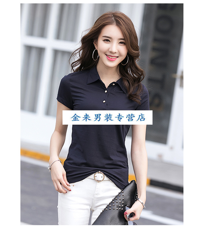 上衣女装短袖丅血纯棉布修身汗衫有带领t恤体桖翻领子工装体侐衫 黑色