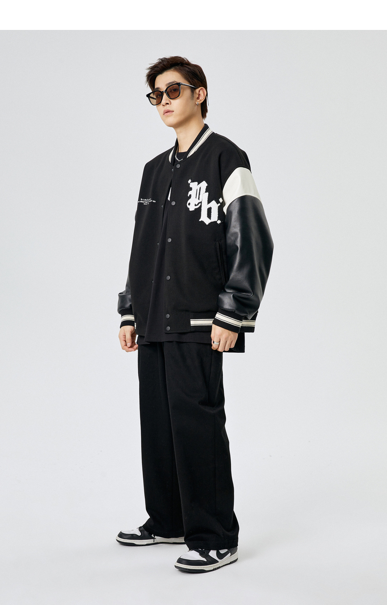 太平鸟男装双色拼接皮袖美式高街棒球服夹克男士休闲宽松外套 黑色1