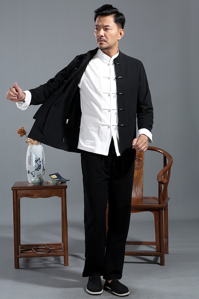 唐装男士套装中国风青中年外套复古风中山装三件套中式汉服居士服爸爸