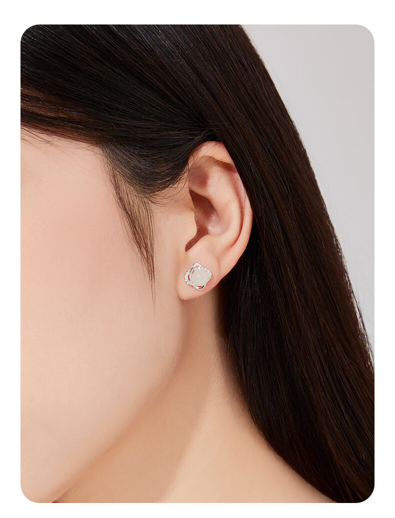 Lao Feng Xiang Hetian Jade Sterling Silver Clover Earrings for Women Lucky Four-Leaf Clover Jewelry Birthday Anniversary Gift for Girlfriend Wife 5