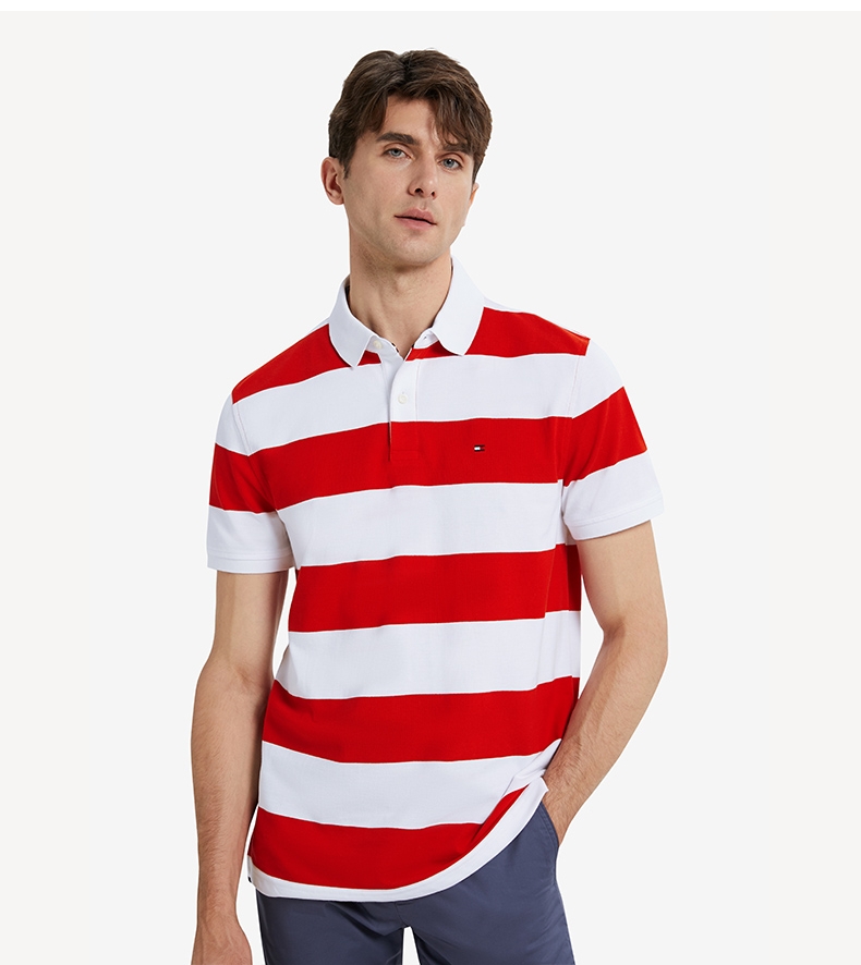 tommy 22新款春夏男装时尚纯棉透气刺绣条纹翻领短袖polo衫j5019 黑黄