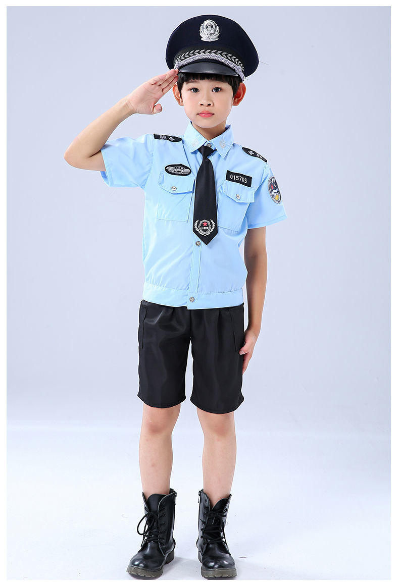 儿童小小交警演出服短袖小警察警官服男女童服装 男:短袖4件套 130码