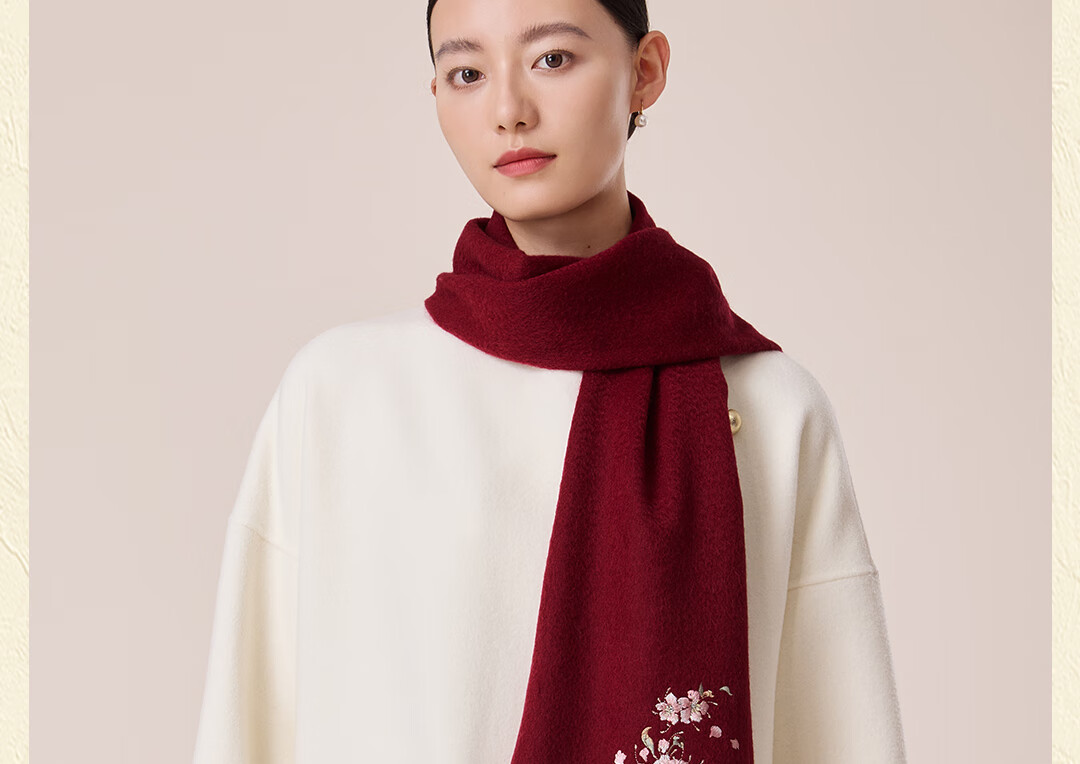 Shanghai Story 100% Wool Scarf Cherry Blossom Embroidery Women's Red Scarf Gift Box for Elders Mom Birthday Mother's Day Gift 13