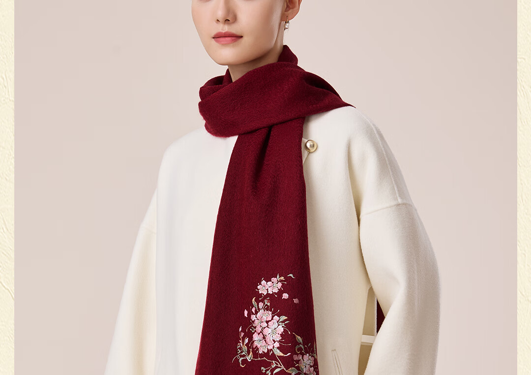Shanghai Story 100% Wool Scarf Cherry Blossom Embroidery Women's Red Scarf Gift Box for Elders Mom Birthday Mother's Day Gift 15