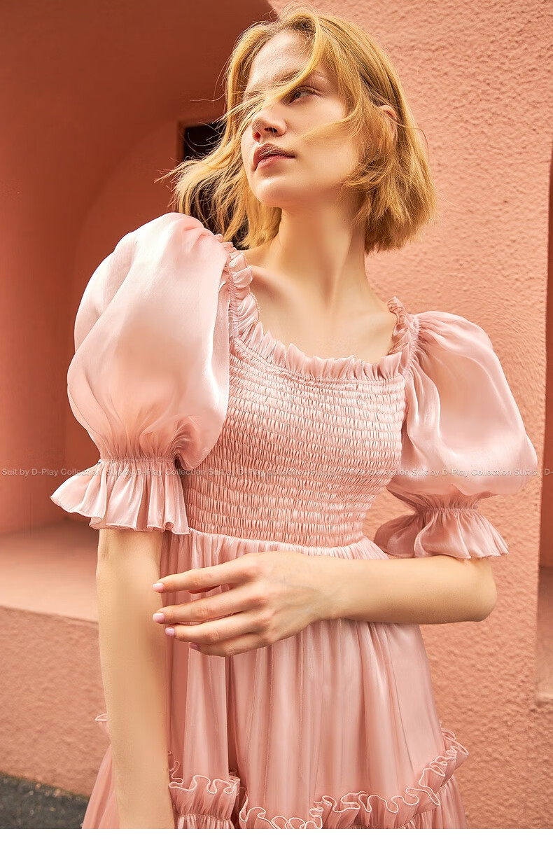 dplay德帕拉2022夏季新款法式复古方领高腰修身甜美粉色鎏光长裙 橘