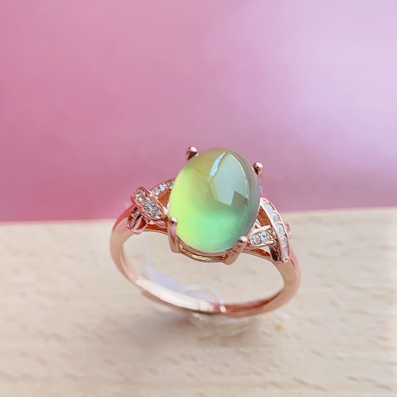 老凤凰 葡萄石戒指女款 银镀冰种绿宝石可调节开口指环礼饰品 9x9mm