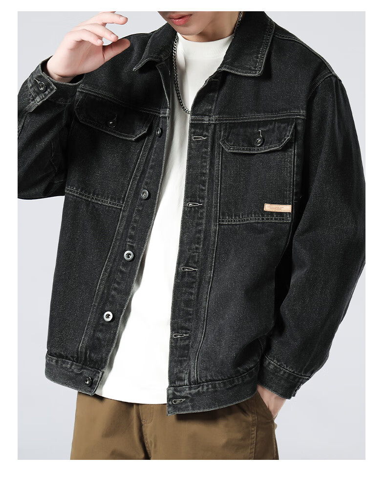 ROMON [Workwear Retro] Men's Jacket, Summer Turn-Down Collar, Loose-Fitting Trendy American Casual Denim Coat, Black And Gray, Size L 10