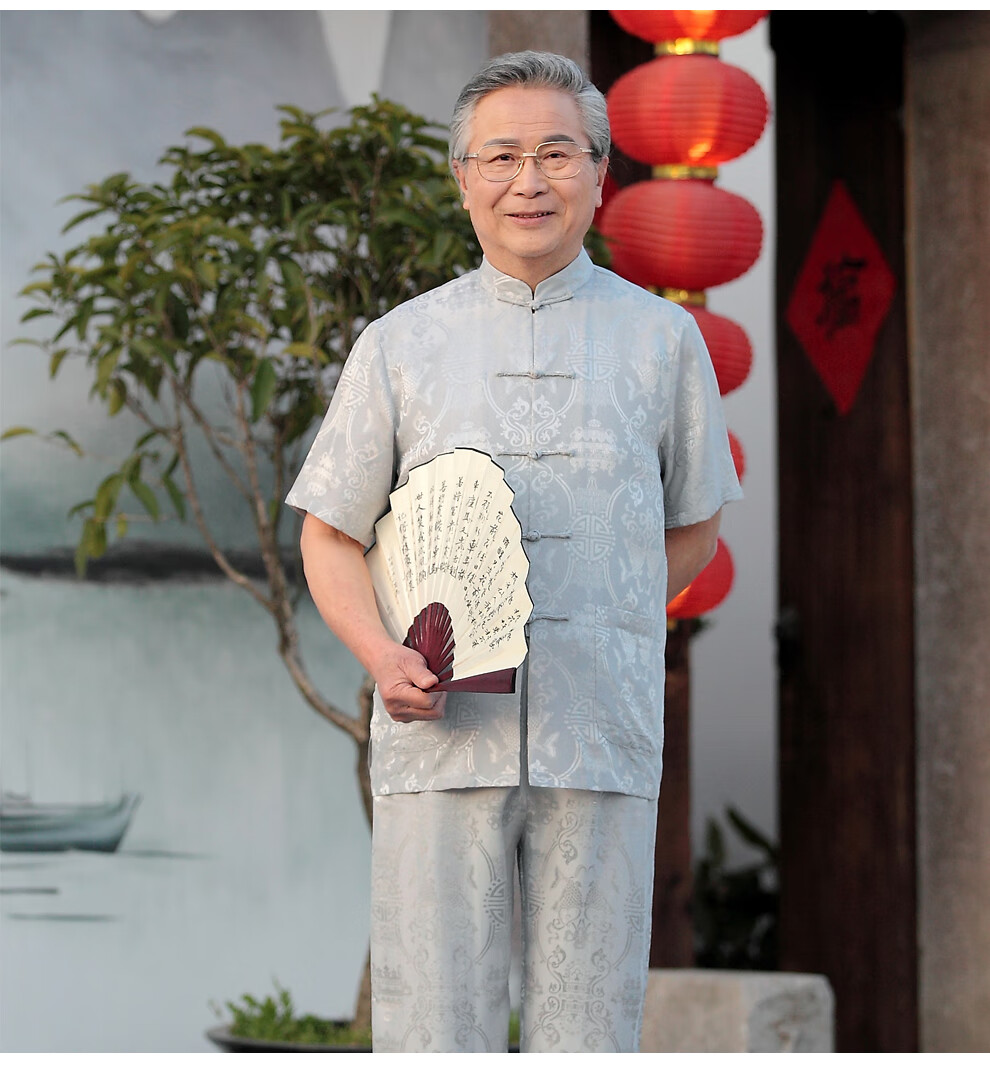 拾福中老年唐装男爷爷夏装桑蚕丝短袖套装真丝老人衣服中国风男装灰色
