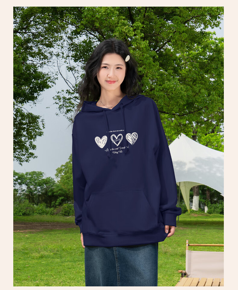 Baleno Women's Autumn Winter Fleece-Lined Navy Blue Hooded Sweatshirt 2025 New Heart Pattern Loose Casual Thick Warm Inner Layer Jacket 10
