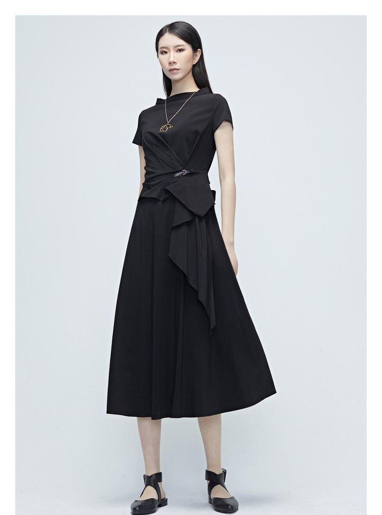sdeer圣迪奥夏季女装黑色褶皱通勤风a型连衣裙s20281234黑色91s160