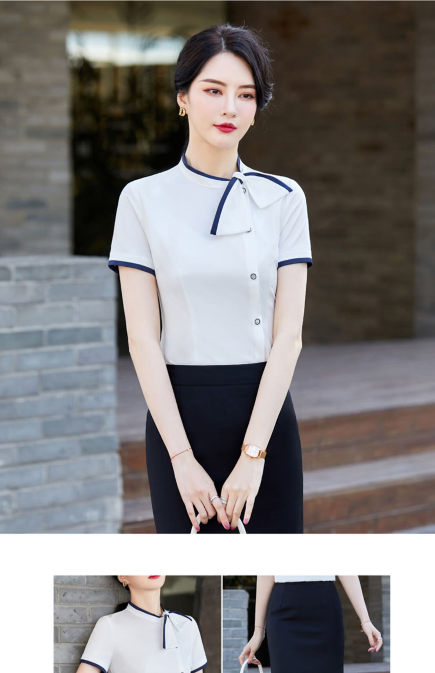 酒店前台接待工作服夏季气质职业雪纺衬衫短袖美容院工作服套装 蓝色
