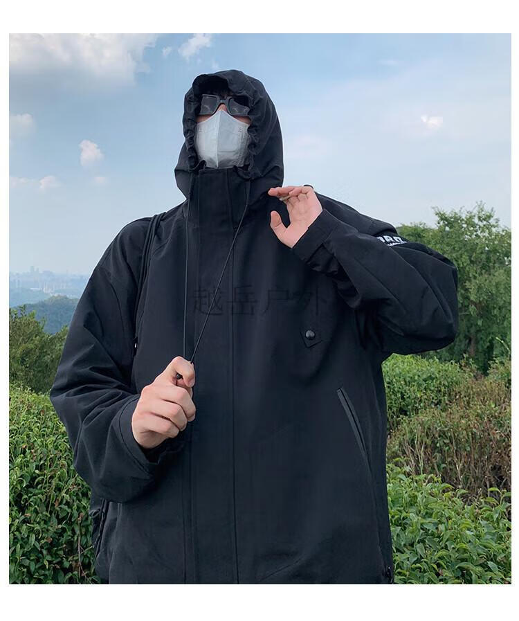 越岳欧美高街硬壳冲锋衣美式国潮登山服外套日系情侣夹克 黑色 m
