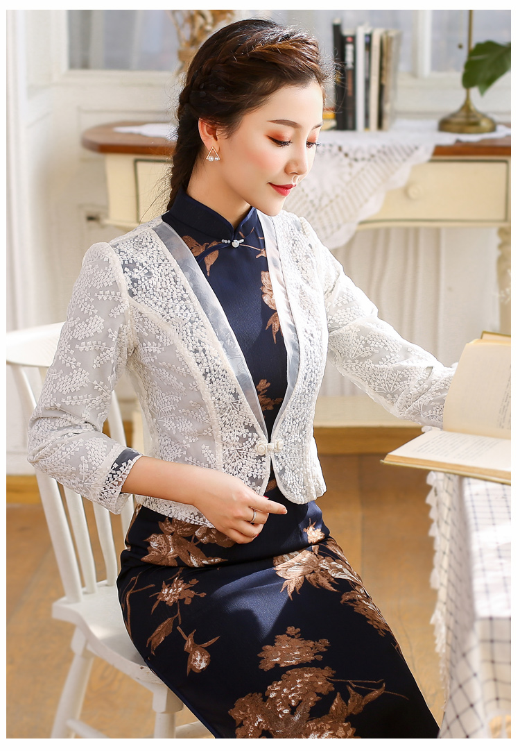 秀观唐2019春装新款欧根纱中式旗袍优雅搭配七分袖无领短外套白色l