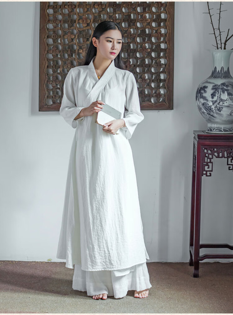 显瘦气质意交领佛笑缘仙女范中式长袍棉礼佛道禅茶古琴汉服禅修服衣