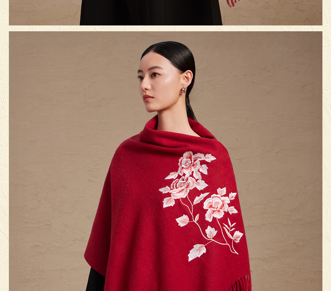 Shanghai Story Red Wool Embroidered Large Shawl Scarf New Year Birthday Gift for Elders Mom Zodiac Year of the Horse Women 4