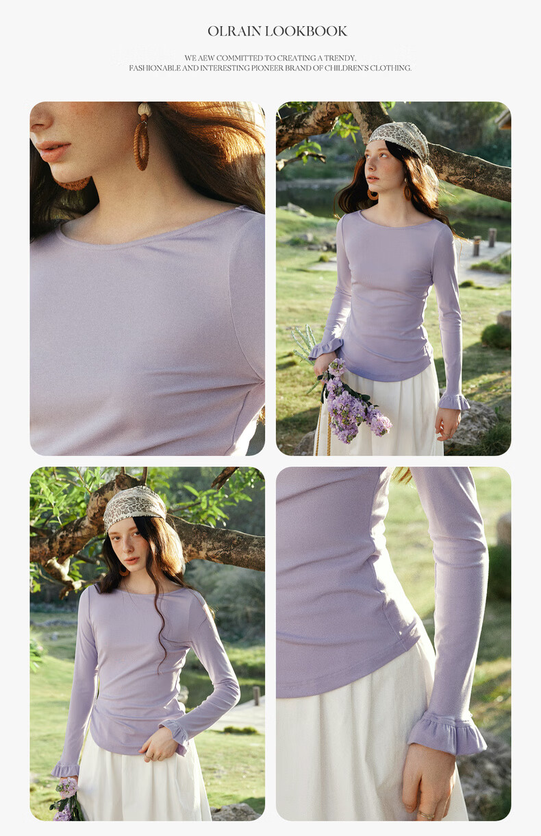 Olrain Eurielle French Style Off-Shoulder Top Women's Spring New Ruffled Slim Fit Long Sleeve T-Shirt Purple L 13