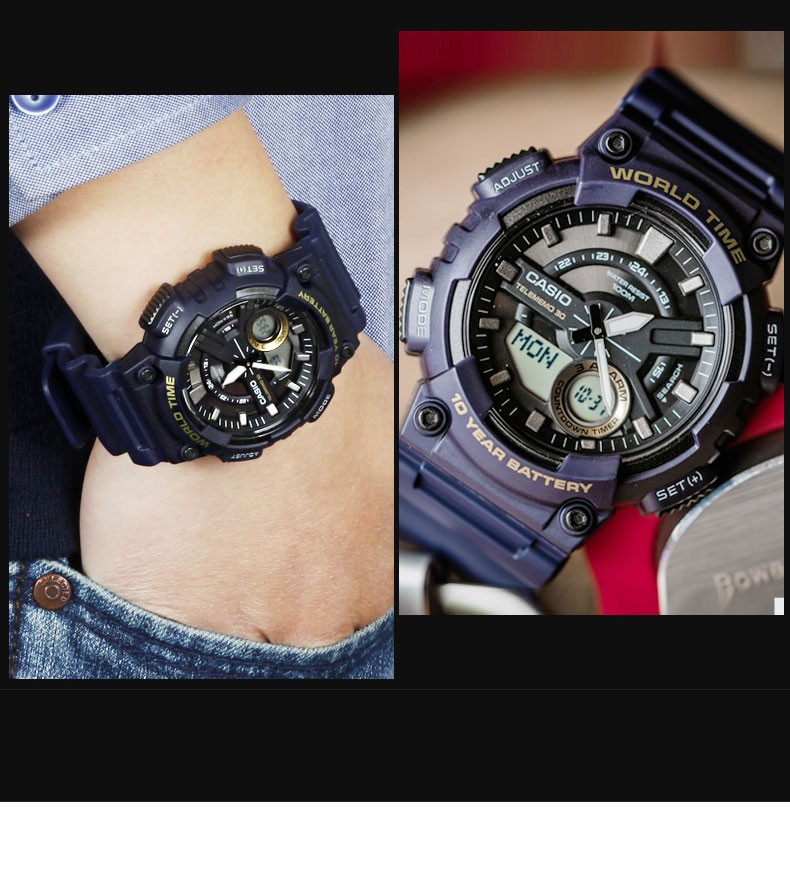 卡西欧(casio) 手表 防水黑金太阳能男表 多功能夜光双显电子表 运动