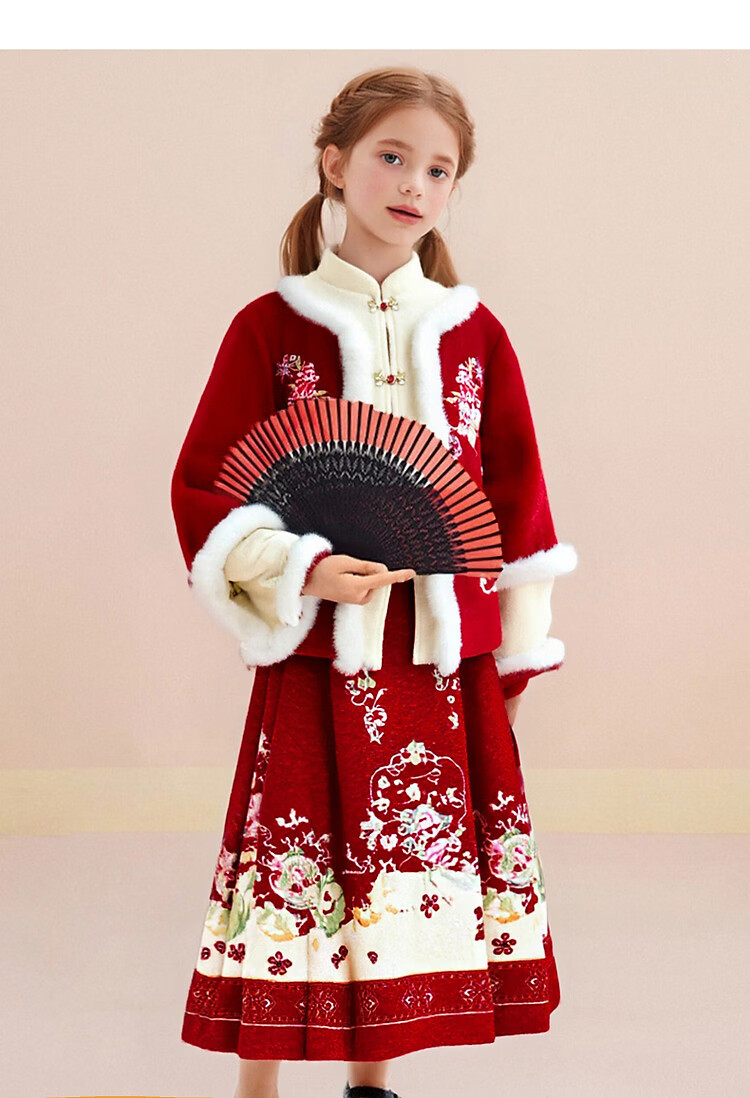 Octmami Girls' Chinese New Year Hanfu Thickened Large Kids Ma Mian Skirt Children's Warm Dress Set China Red 120 7