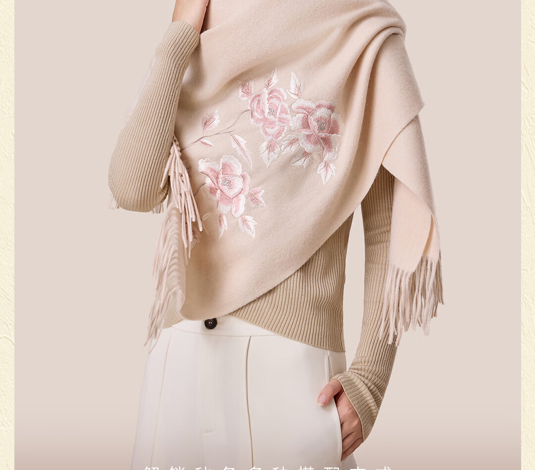 Shanghai Story 100% Wool Scarf National Style Peony Wool Embroidered Large Shawl New Year Birthday Gift for Mom Women 7
