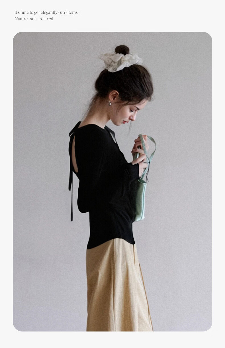 Olrain Slim Fit Back Hollow Butterfly Bow Long Sleeve T-Shirt Women Spring New Slim Top Black XL 12