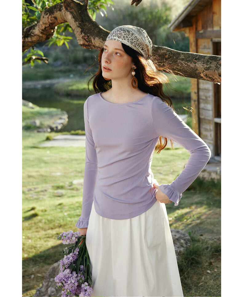 Olrain Eurielle French Style Off-Shoulder Top Women's Spring New Ruffled Slim Fit Long Sleeve T-Shirt Purple L 20